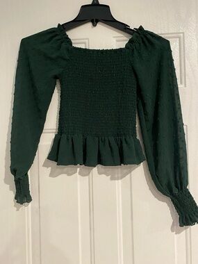 Chelsea & Violet Dark Green Smocked Peplum Blouse